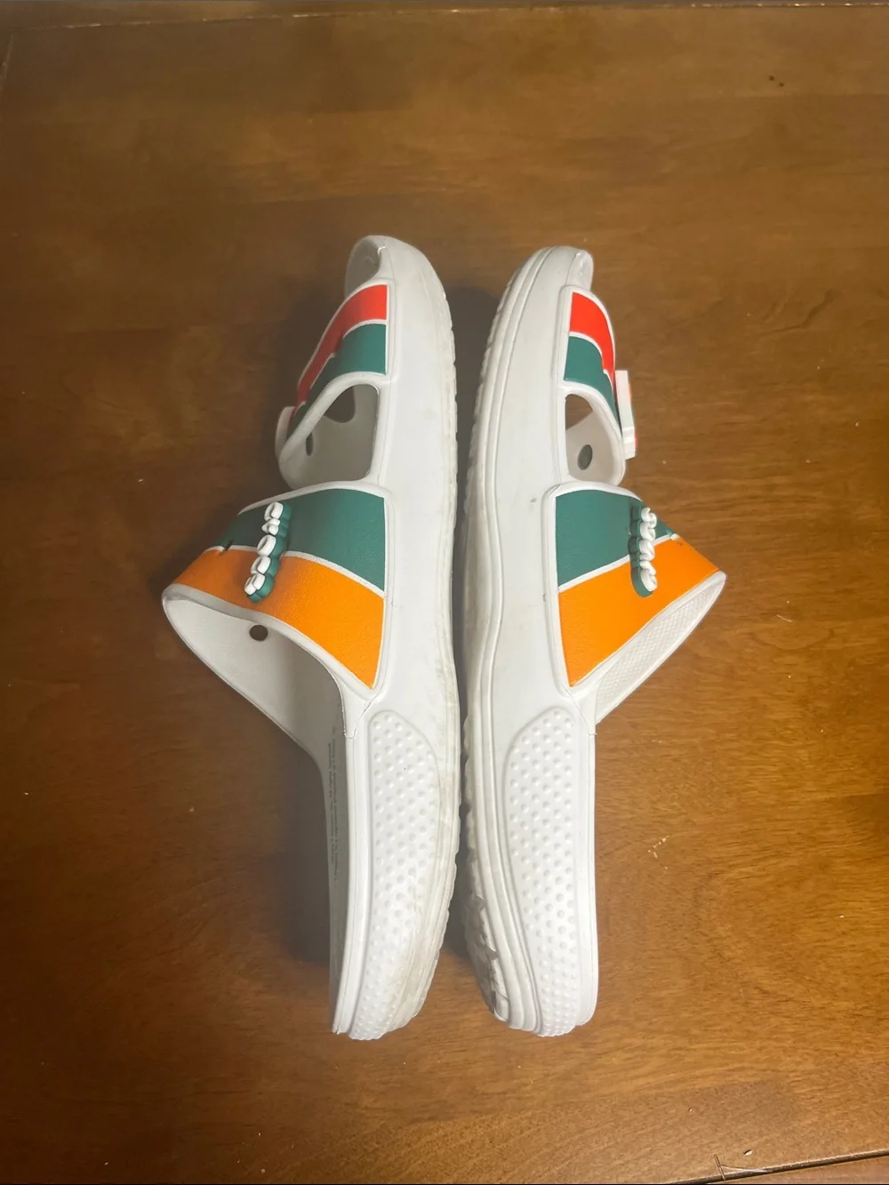 CROCS Kids' White Slides with Orange, Green & Red Stripes